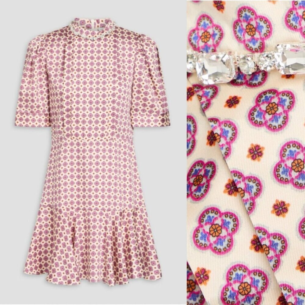 Sandro Jayani Crystal Embellished Satin Printed Puff Sleeve Mini Dress Size 2 34